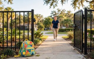 A colorful backpack sits by an open daycare gate as a worker approaches.