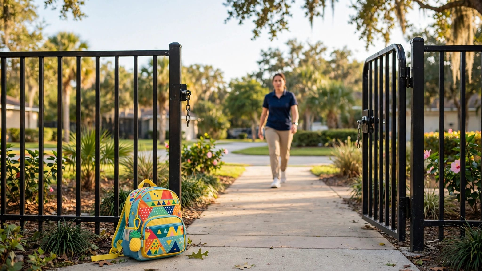 A colorful backpack sits by an open daycare gate as a worker approaches.