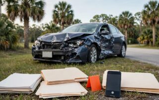 A damaged sedan beside a road, with an evidence marker, phone, and documents nearby.