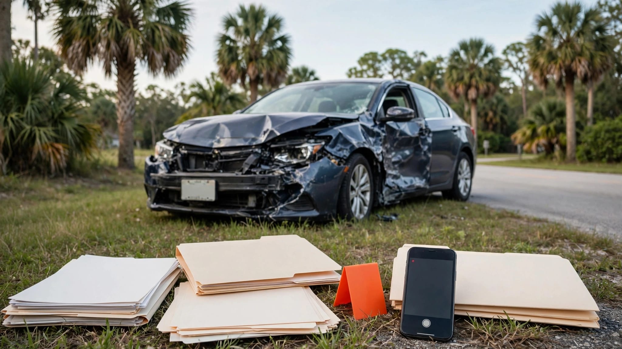 A damaged sedan beside a road, with an evidence marker, phone, and documents nearby.