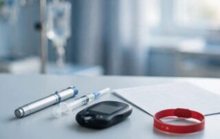 Insulin supplies, a glucose meter, medication chart, and red alert wristband on a clinical tabletop.