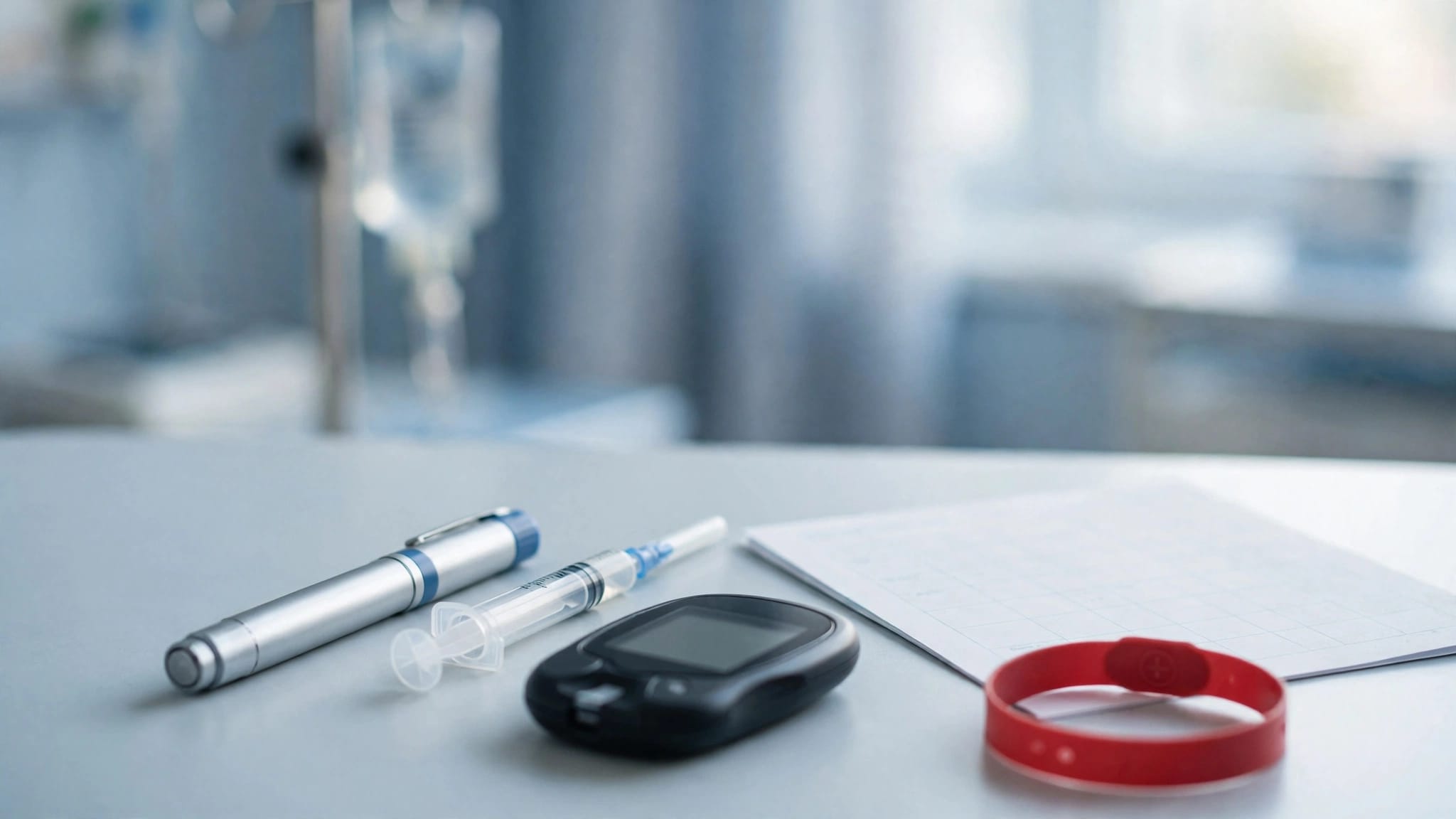 Insulin supplies, a glucose meter, medication chart, and red alert wristband on a clinical tabletop.