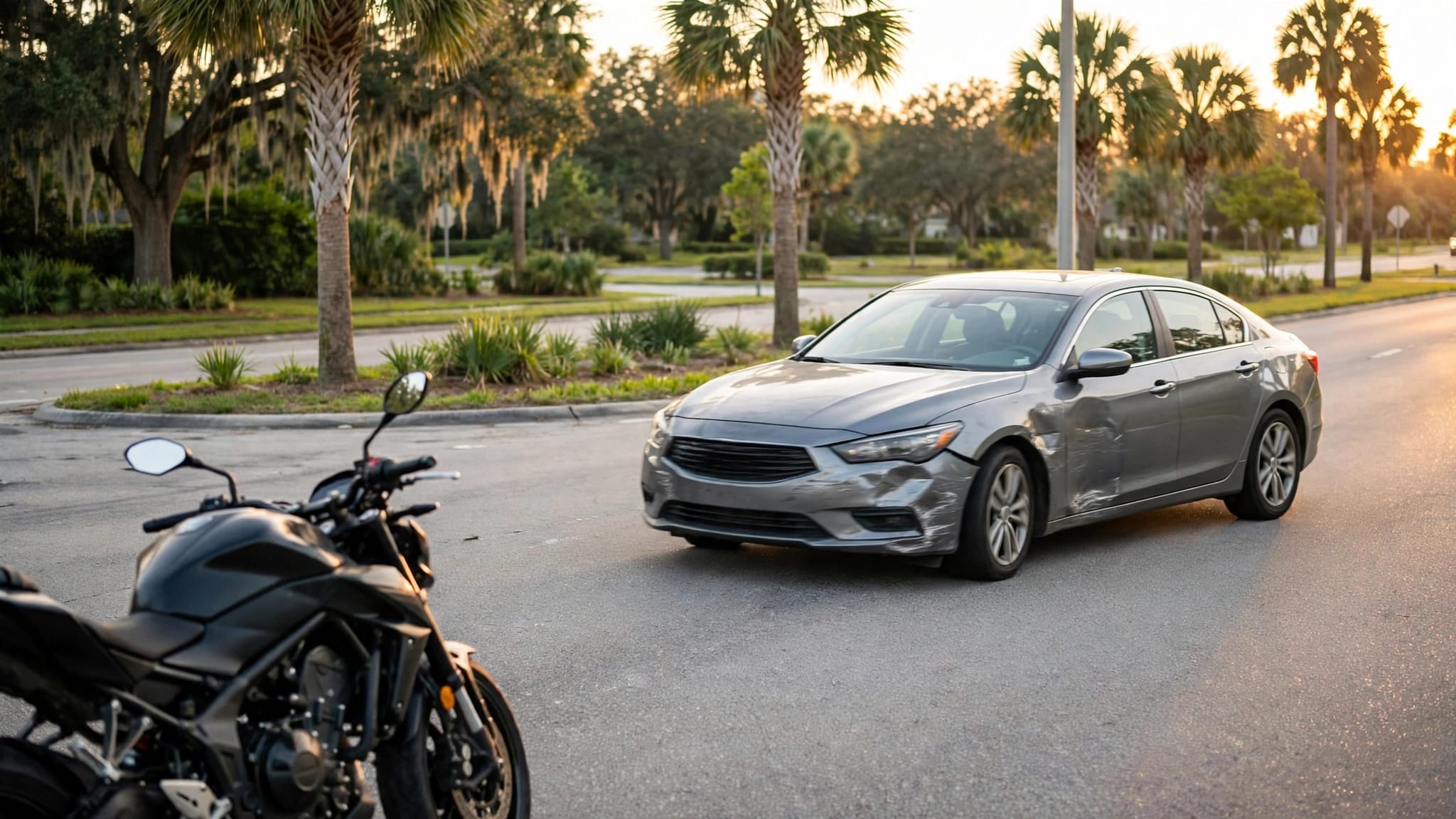 A motorcycle waits beside a scuffed car turning across its lane at a palm-lined intersection.