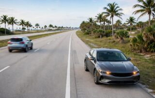 A sedan with flashing hazard lights sits on a sunny Florida highway shoulder as a car passes in the next lane.