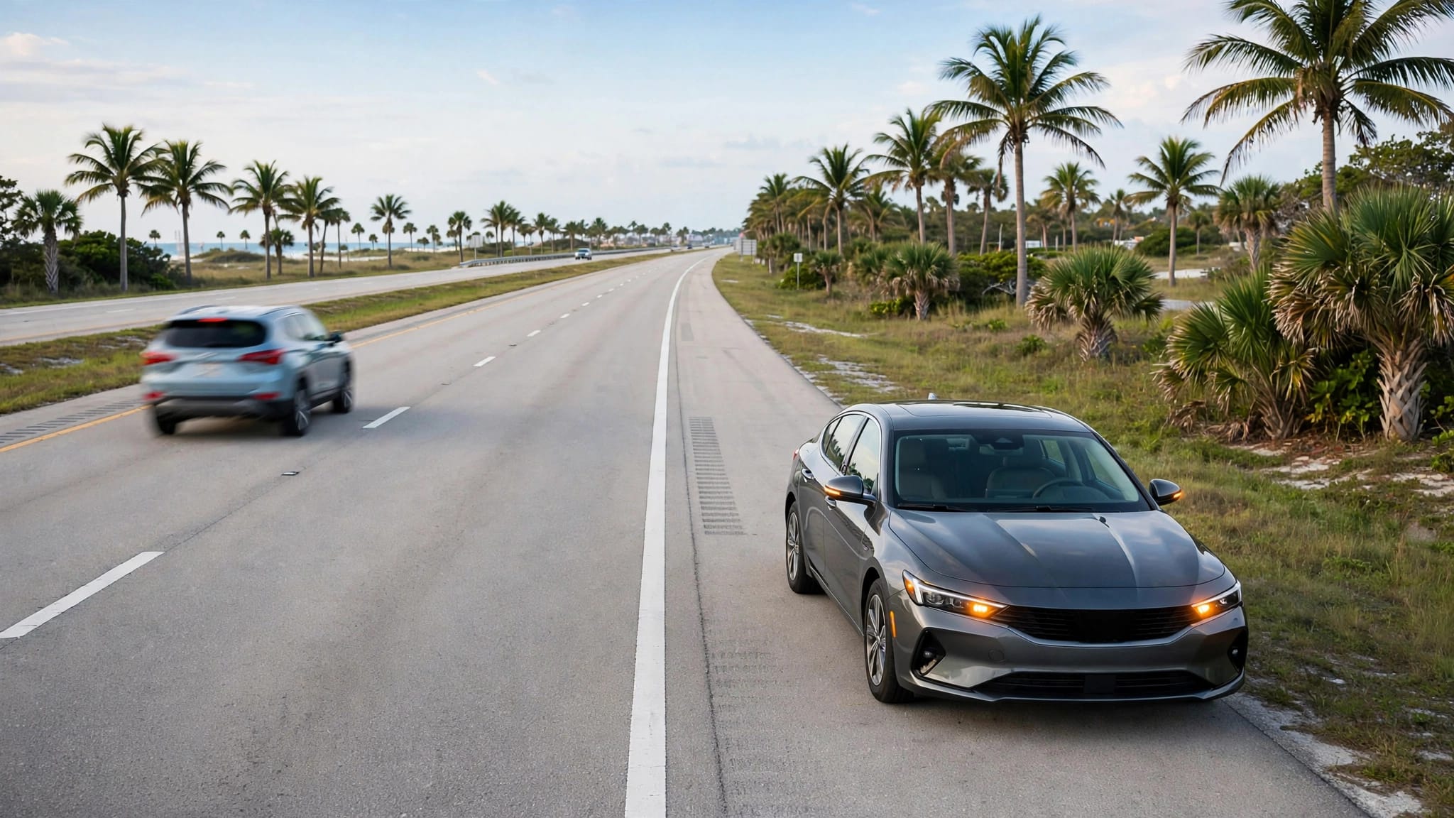 A sedan with flashing hazard lights sits on a sunny Florida highway shoulder as a car passes in the next lane.