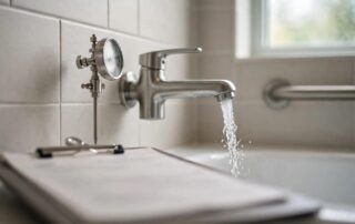 A thermometer beside a running bathtub faucet, with a clipboard in the foreground.
