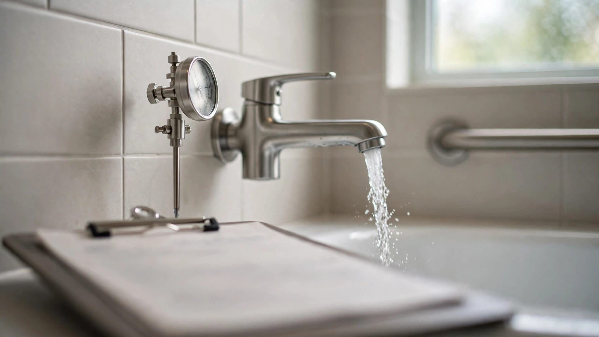 A thermometer beside a running bathtub faucet, with a clipboard in the foreground.
