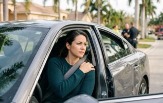 A concerned woman in a seat belt rests her hand on her shoulder inside a dented car.