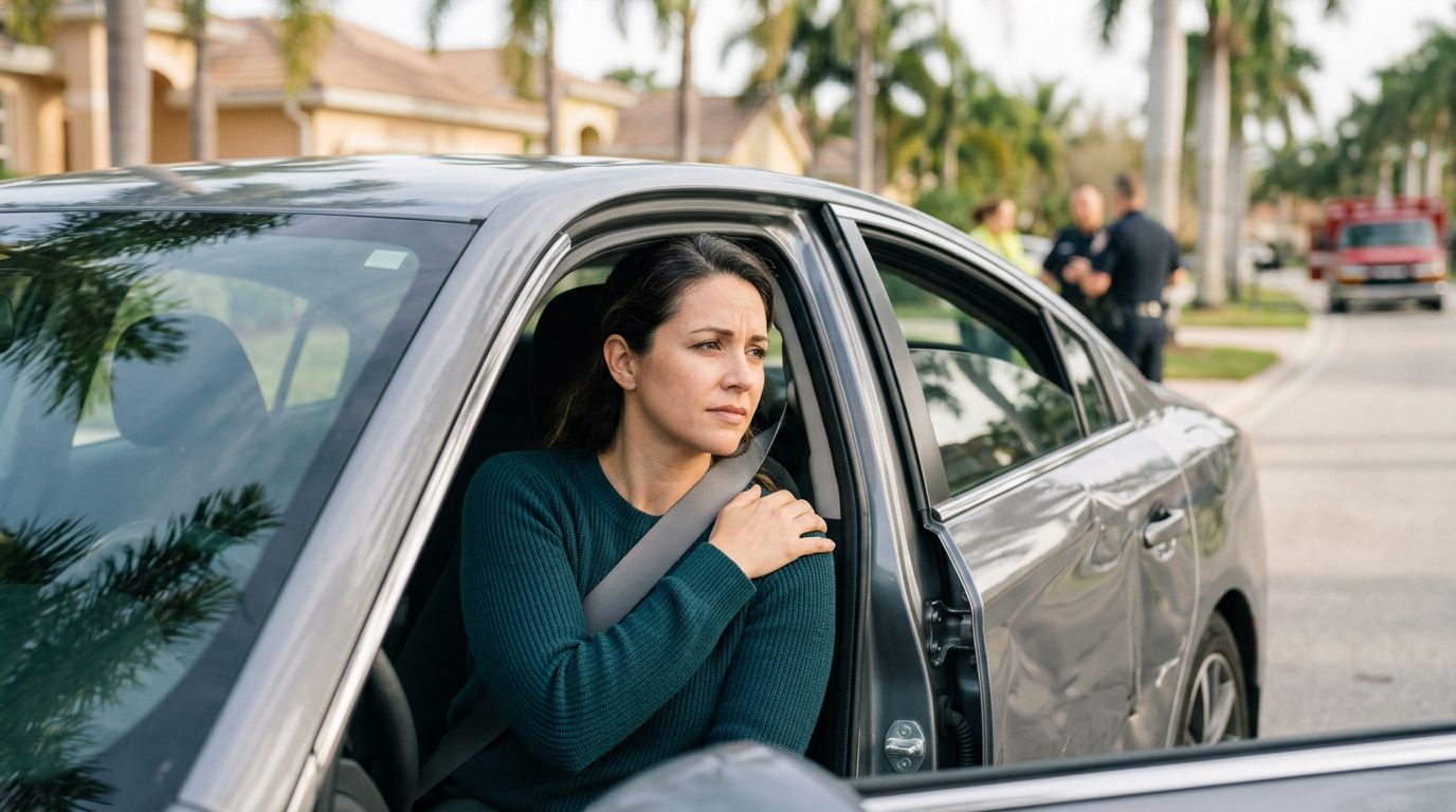 A concerned woman in a seat belt rests her hand on her shoulder inside a dented car.