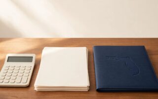 A settlement document, calculator, and navy folder with an embossed Florida outline sit on a desk.