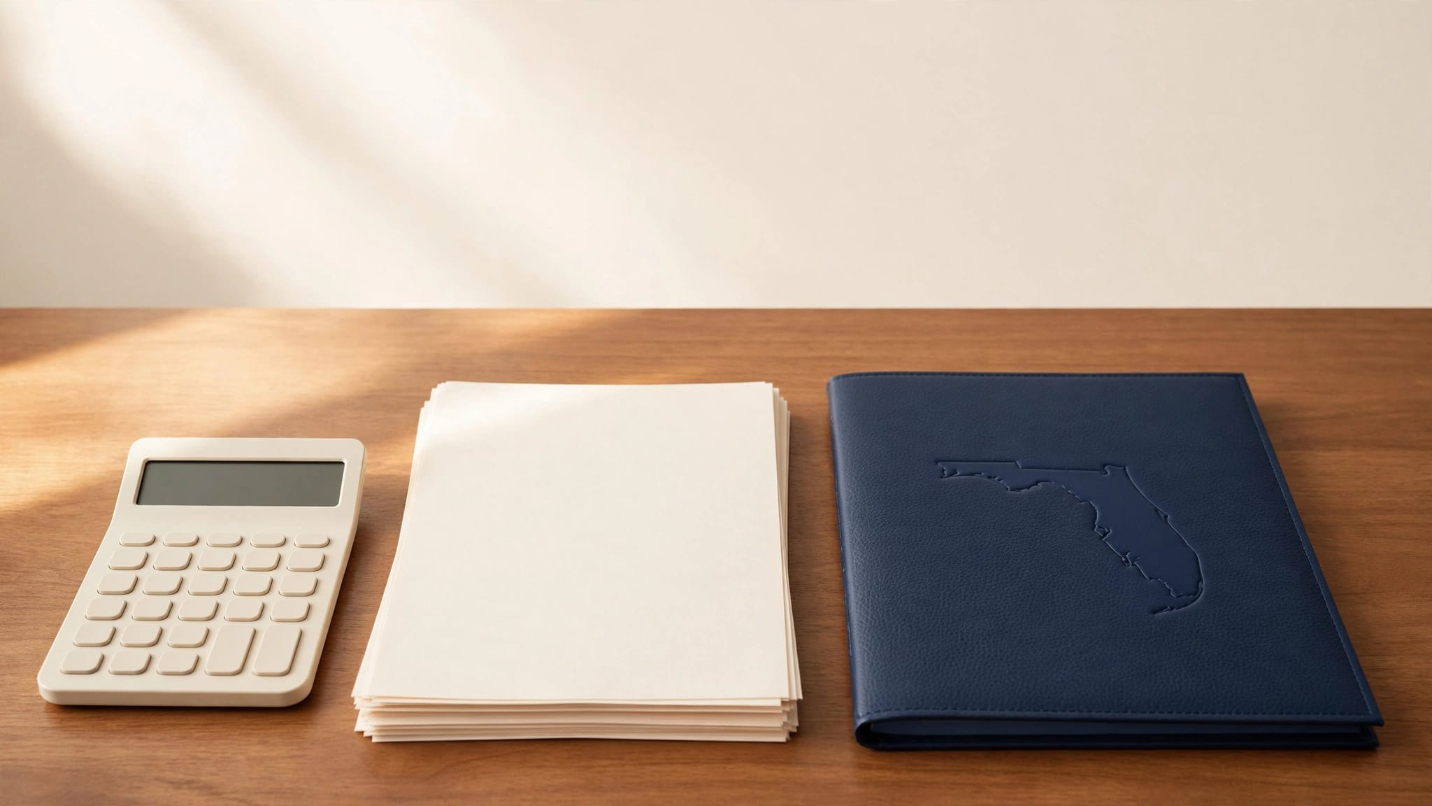 A settlement document, calculator, and navy folder with an embossed Florida outline sit on a desk.