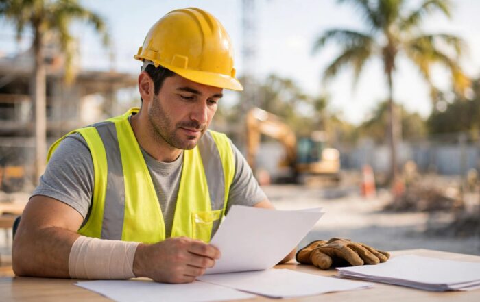 A construction worker reviews blank forms beside a work glove at a desk.
