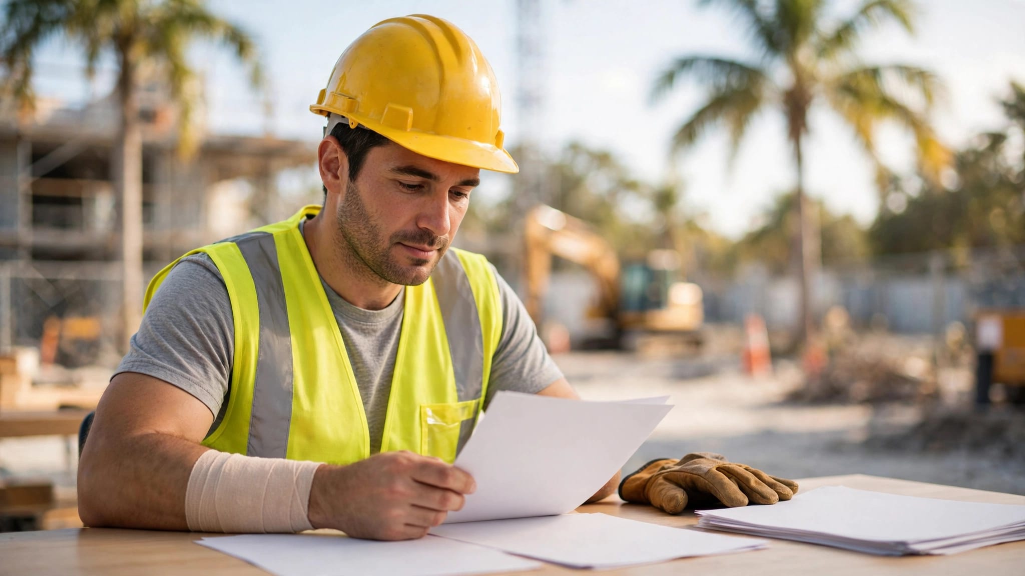 A construction worker reviews blank forms beside a work glove at a desk.