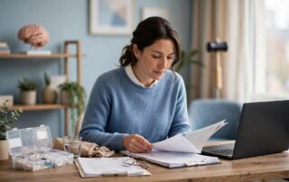 An adult reviews medical papers beside a closed laptop and medication organizer.