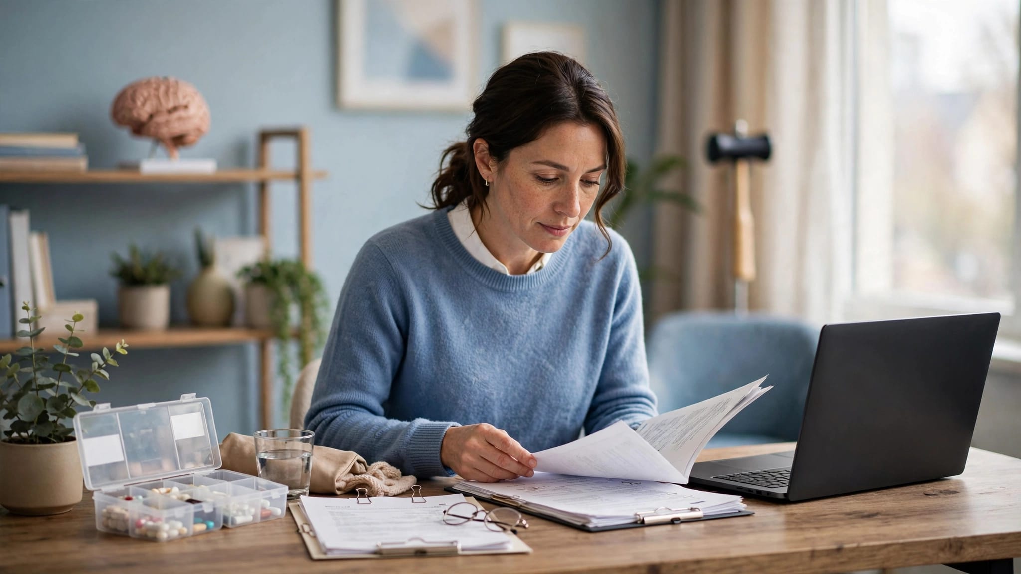 An adult reviews medical papers beside a closed laptop and medication organizer.