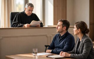 A judge reviews a file as a claimant sits with an attorney in court.