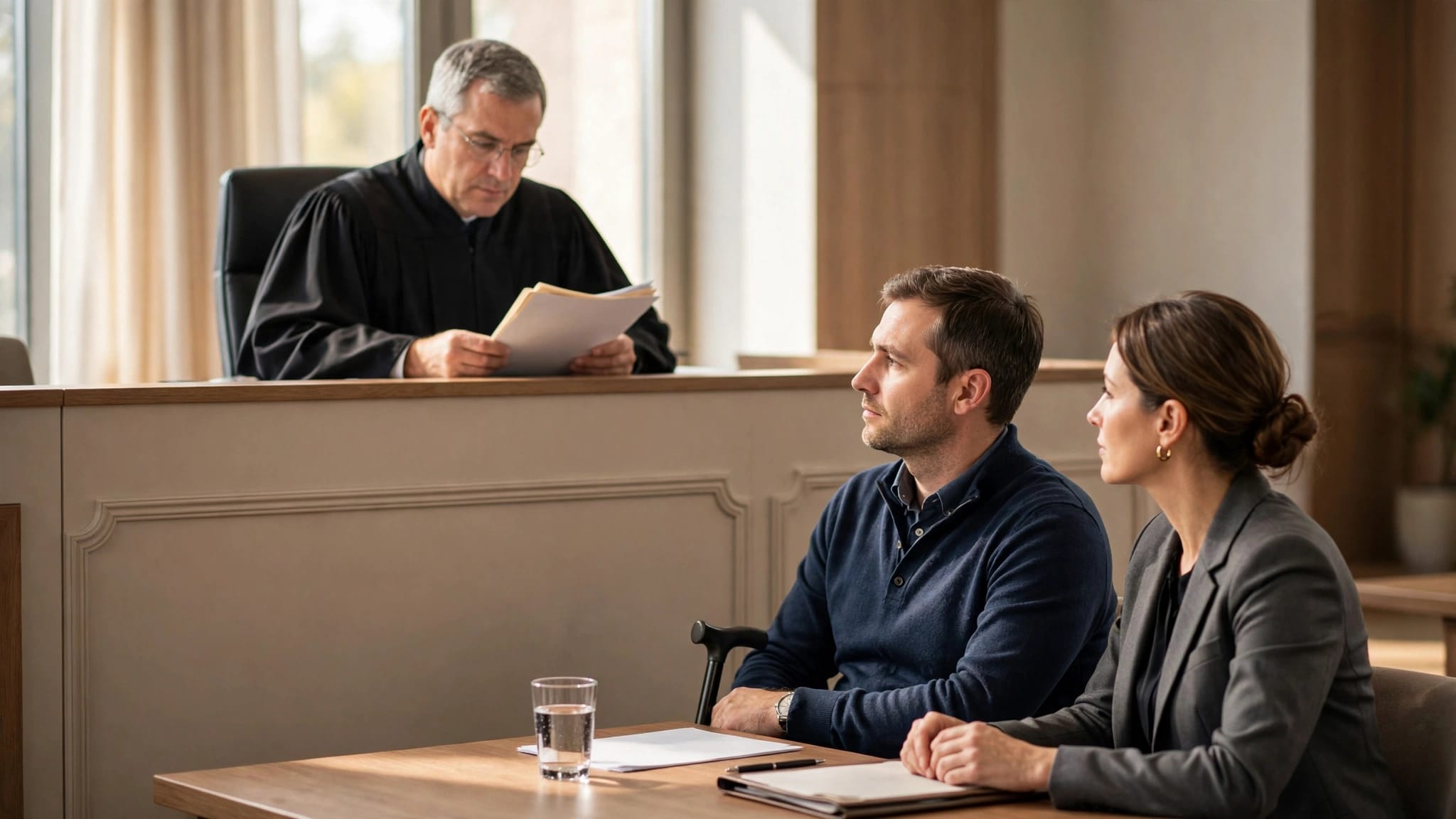 A judge reviews a file as a claimant sits with an attorney in court.